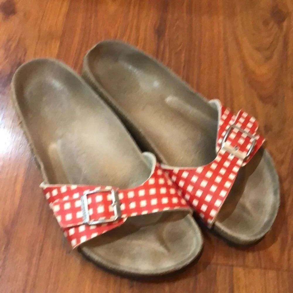 Papillio by Birkenstock red and white gingham slip on sandals, size 37